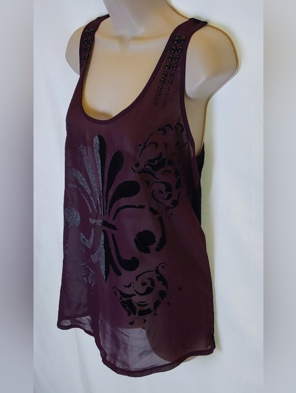 Rock & Republic Plum Sheer Velvet-Print Tank with Studded Straps - Picture 2 of 6